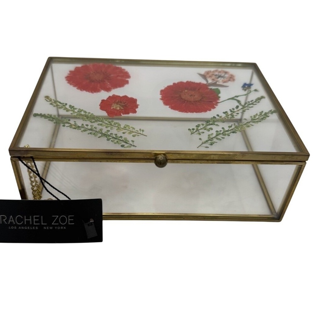 Rachel Zoe Trinket Box Glass and Brass Pressed Flowers New With‎ Tags